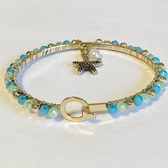 Aqua Bead Pearl Starfish Bangle Bracelet Gold Tone Plated Freshwater Sea Life - Picture 7 of 12